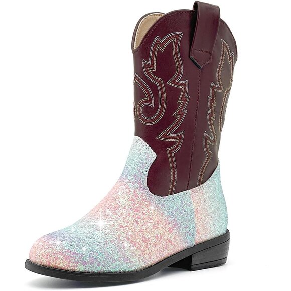 xinlanlin Kids Sequin Rainbow Purple Embroidered Square Toe Glitter Western Boot - Picture 1 of 6
